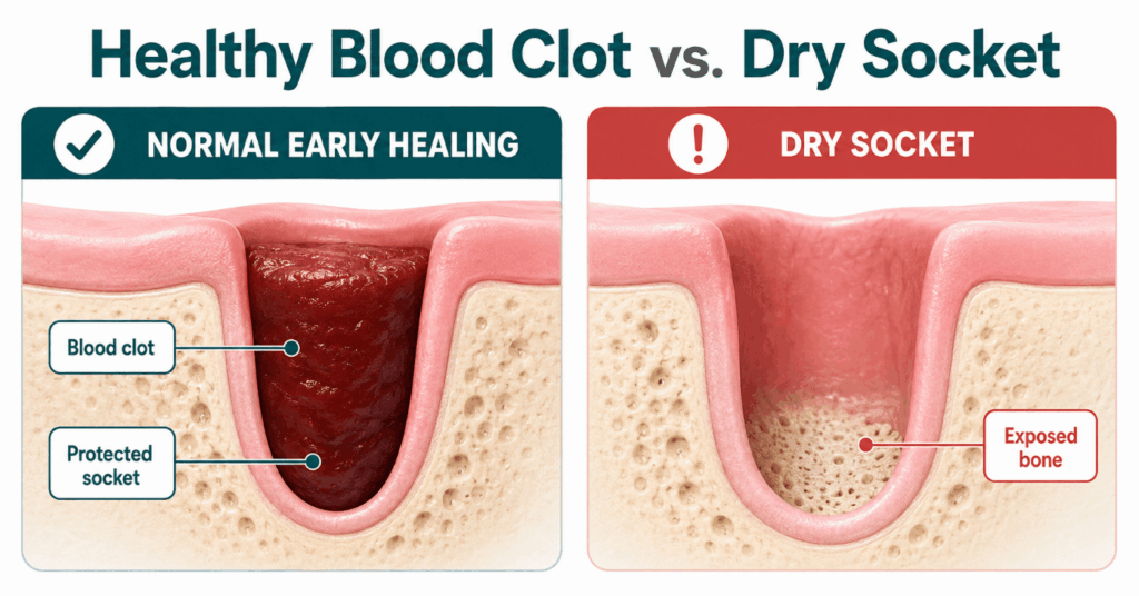 Cross-section comparing a healing extraction socket filled with a blood clot with a dry socket showing exposed bone.