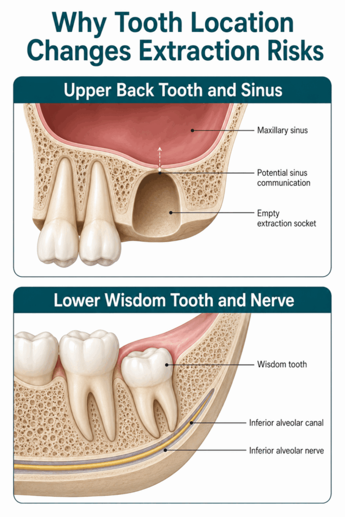 Dental anatomy showing an upper extraction socket near the maxillary sinus and a lower wisdom tooth near the alveolar nerve.