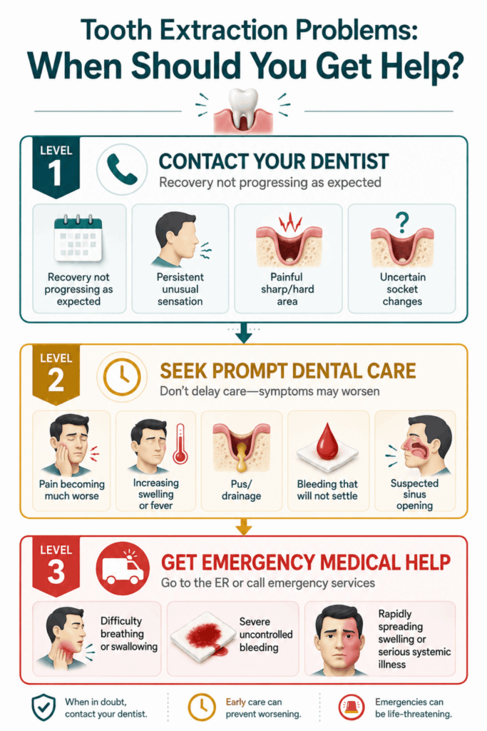Three-level guide showing when extraction problems require a dentist, prompt dental care, or emergency medical help.
