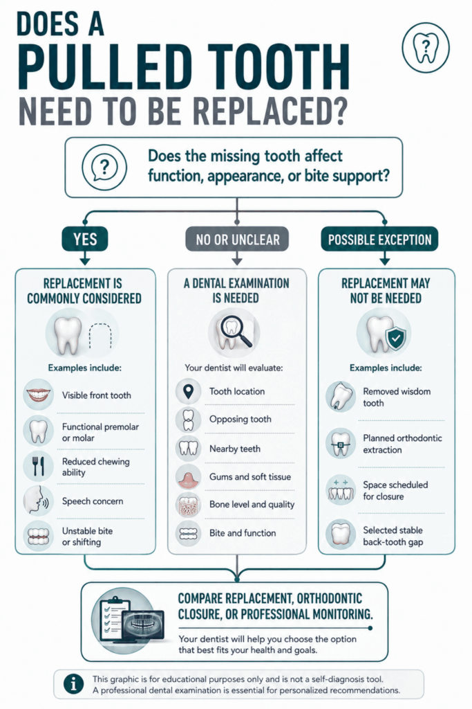 Decision tree showing when a pulled tooth may need replacement, dental evaluation, or professional monitoring