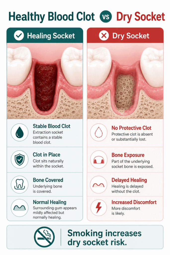 Side-by-side extraction sockets showing a stable blood clot compared with dry socket and exposed underlying bone