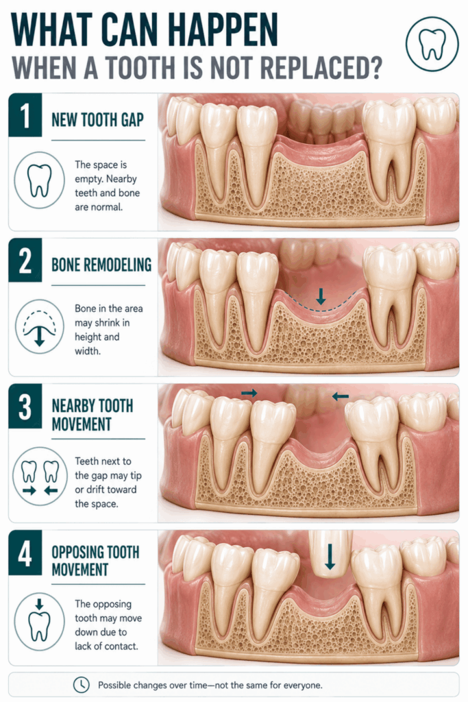 Four stages showing a tooth gap, local bone remodeling, nearby teeth tipping, and movement of the opposing tooth