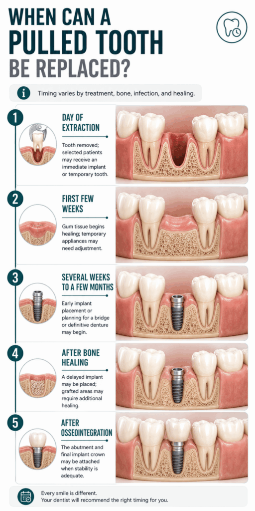 Five-stage timeline for replacing a pulled tooth from extraction and healing to implant crown placement