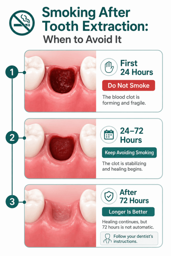 Three-stage timeline showing smoking restrictions during the first 24 hours, 24–72 hours, and after 72 hours