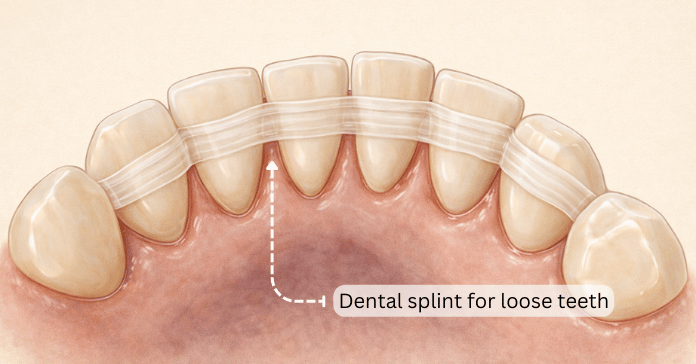 A dental splint connects the front teeth with a clear stabilizing strip to tighten loose teeth after deep cleaning.