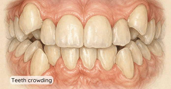 A detailed dental illustration shows teeth crowding with overlapping and misaligned teeth in both the upper and lower arches.