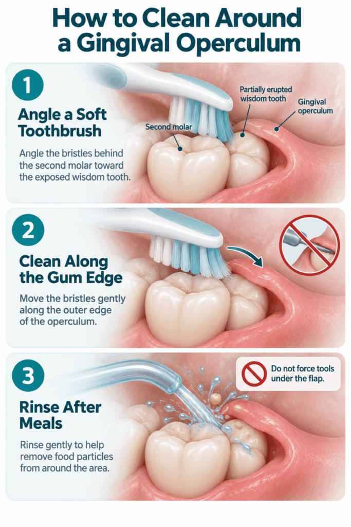 Three panels show a soft toothbrush cleaning near a wisdom tooth, brushing the gum-flap edge, and gentle rinsing.