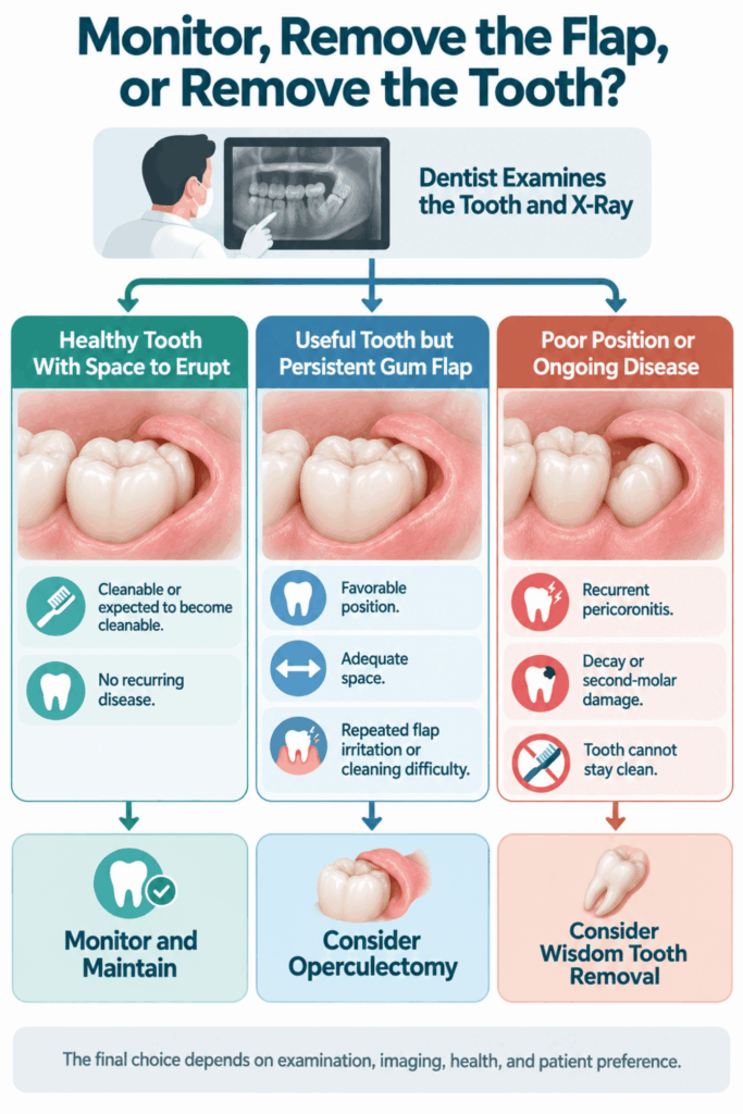 Decision chart shows tooth examination leading to monitoring, gum-flap removal, or wisdom tooth removal.