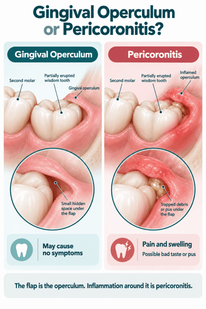 Side-by-side views compare a gum flap over a wisdom tooth with a swollen flap and debris or pus beneath it.