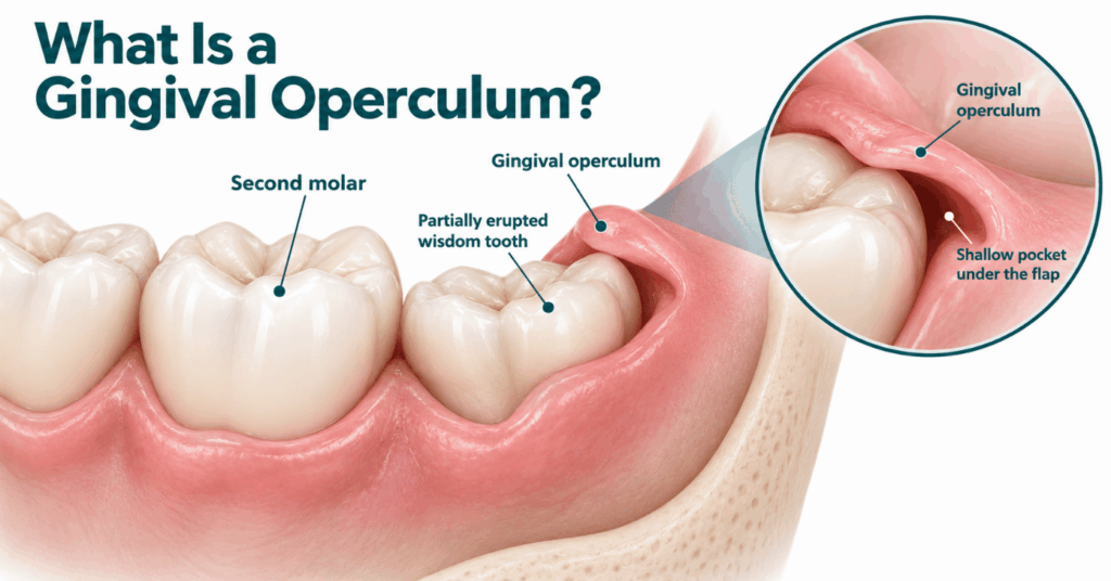 Labeled lower molars show a gum flap covering part of a wisdom tooth, with an enlarged view of the space beneath it.