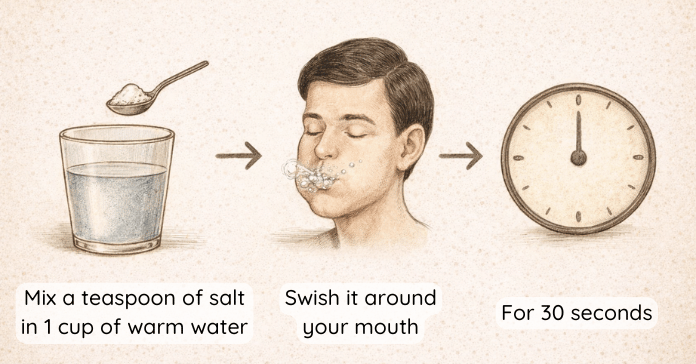 An illustration shows a person rinsing with warm salt water by mixing salt into a glass, swishing it in the mouth, and timing the rinse for thirty seconds.