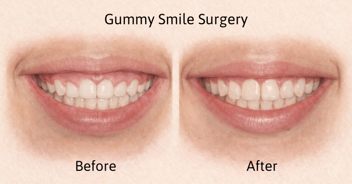 A dental illustration shows a gummy smile before surgery with excessive gum display and after surgery with reduced gum visibility and improved tooth exposure.