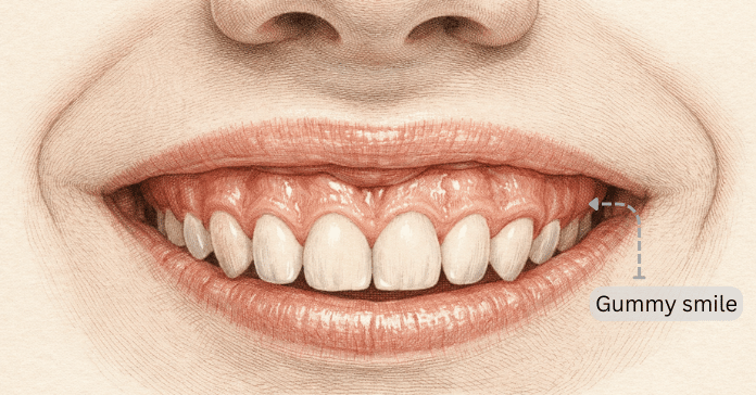 A close-up illustration shows a gummy smile with excessive gum tissue visible above the upper teeth when smiling.