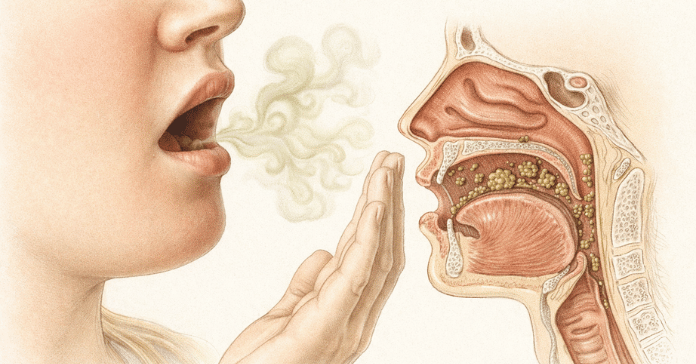 A detailed anatomical illustration shows a person exhaling while bacteria and debris are visible on the tongue and inside the mouth, explaining common causes of bad breath.