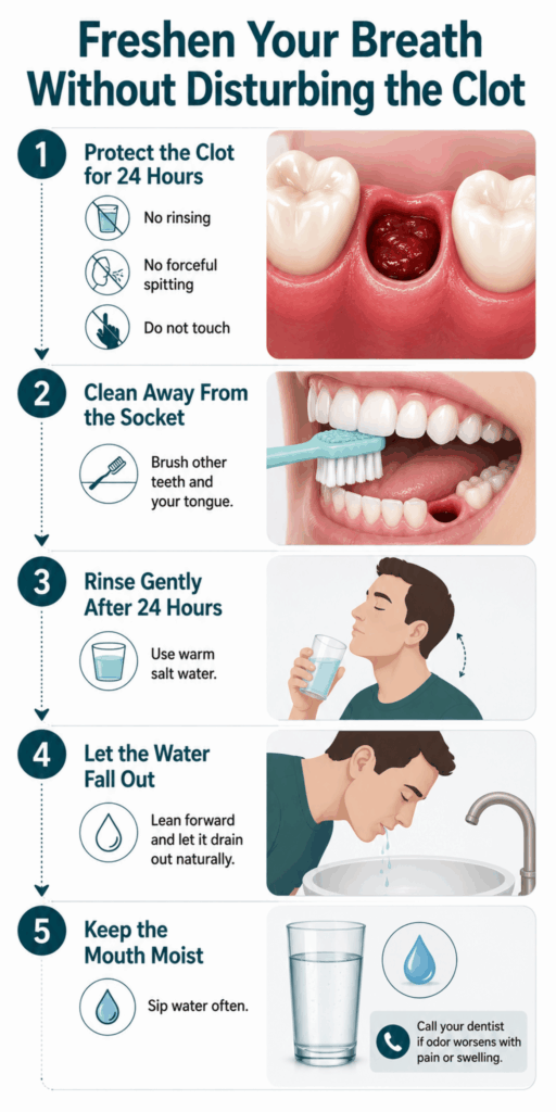 Five steps show clot-safe cleaning, gentle salt water rinsing after 24 hours, passive draining, and hydration.