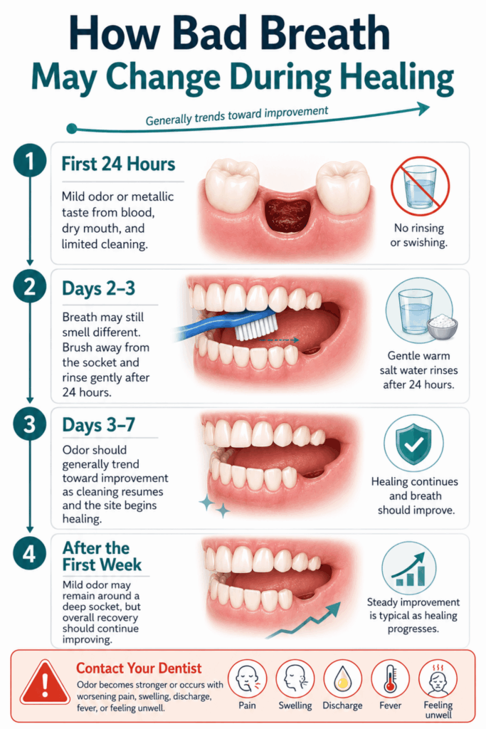 Four-stage timeline shows how breath and extraction-site care may change from the first 24 hours through the first week.