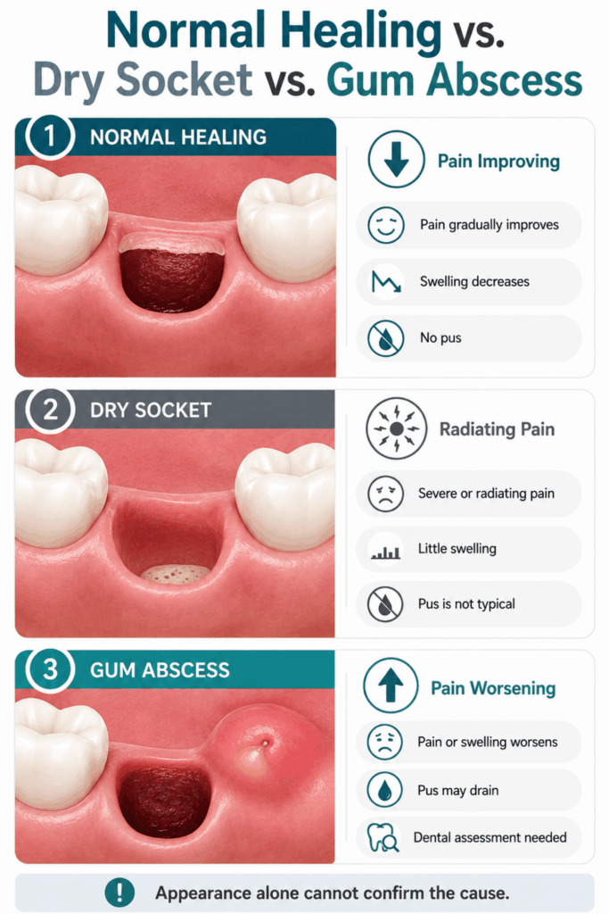 Three-panel comparison of normal healing, dry socket, and a gum abscess beside a tooth extraction site
