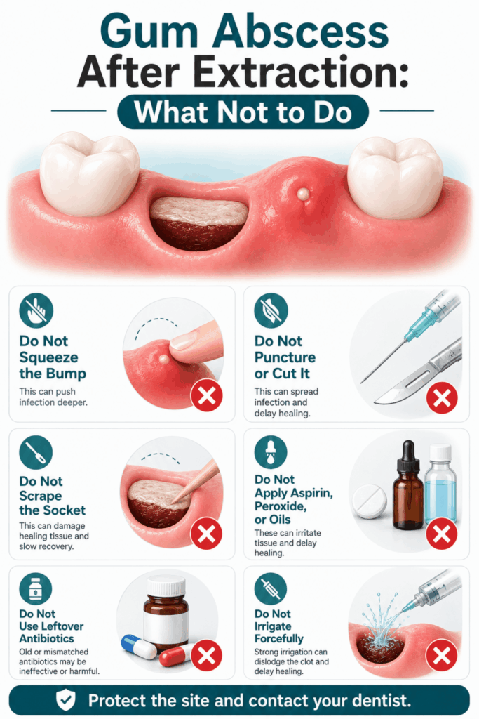 Six actions to avoid with a gum abscess after tooth extraction, including squeezing, scraping, and puncturing