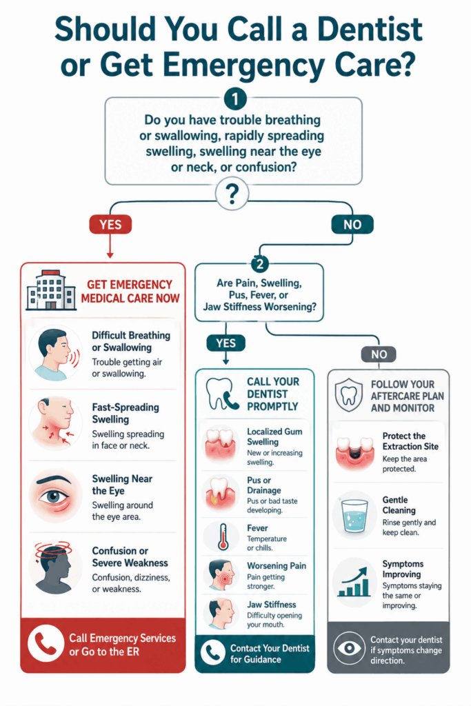 Decision tree showing when worsening dental symptoms require a dentist or emergency medical care