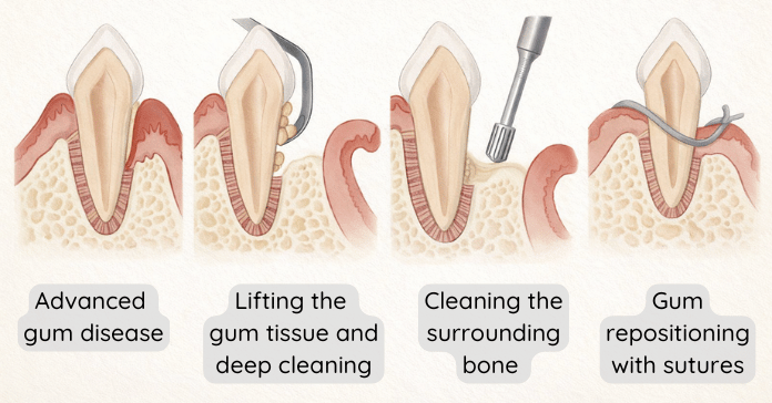 A step-by-step dental illustration shows advanced gum disease, lifting the gum tissue, deep cleaning of roots and bone, and repositioning the gums with sutures.
