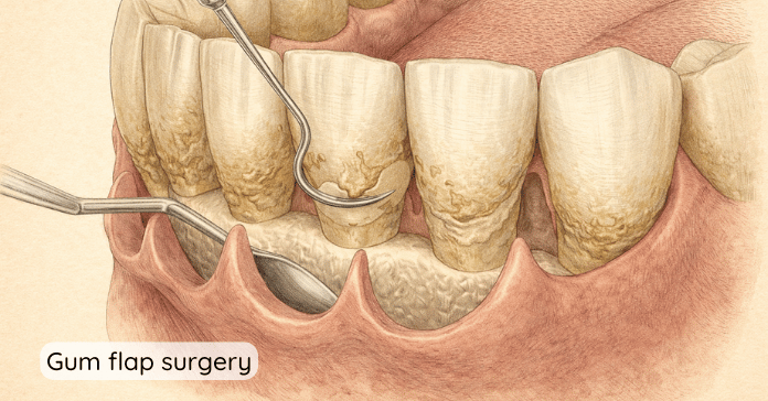 A detailed dental illustration shows a dentist lifting gum tissue and cleaning plaque and tartar from tooth roots and surrounding bone during gum flap surgery.