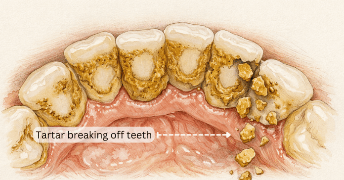 A dental illustration shows tartar breaking off teeth near the gum line, with hardened yellow calculus separating from the tooth surface.