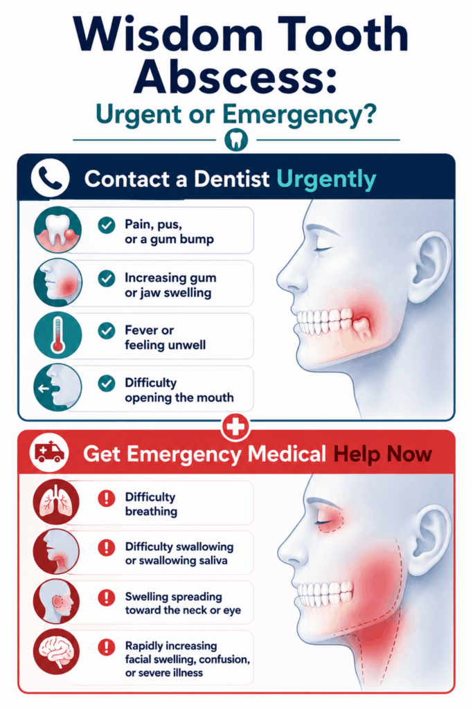 Checklist comparing urgent dental symptoms with emergency warning signs of a spreading wisdom tooth abscess