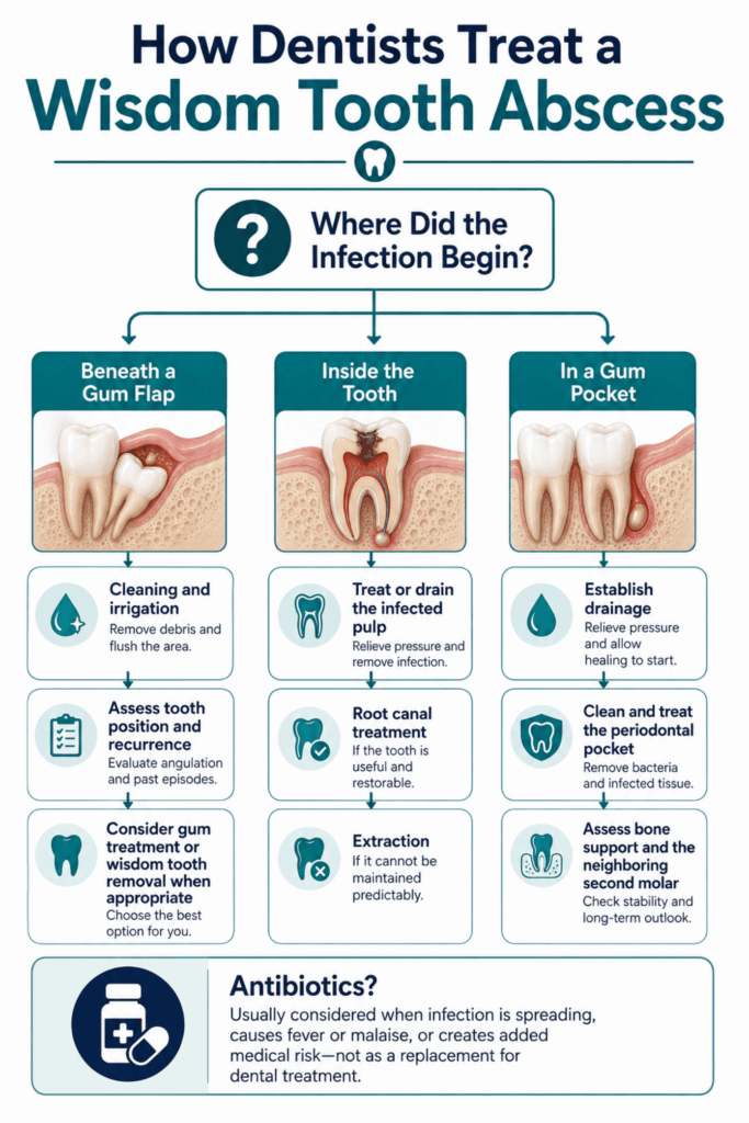 Decision tree linking wisdom tooth infection location to cleaning, root canal, extraction, or gum treatment