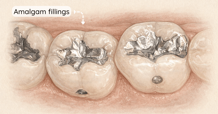 Several back teeth show silver amalgam fillings placed to repair cavities in molars that handle strong chewing forces.