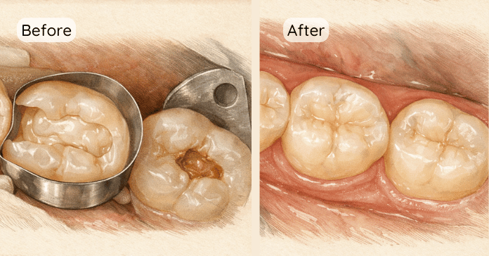 A tooth appears before treatment with visible decay and after treatment with a tooth colored composite filling restoring its shape.