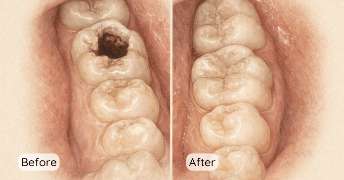 A close-up dental image shows a molar with deep decay before treatment and the same tooth restored with a tooth colored filling after treatment.