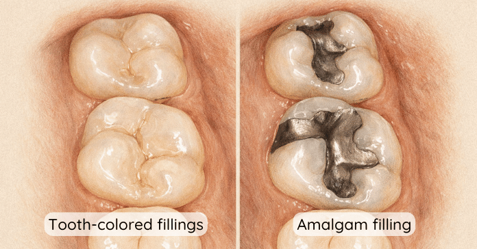 A dental comparison image shows molars restored with tooth colored fillings on one side and silver amalgam fillings on the other side.