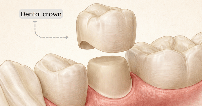 A dental crown sits above a prepared premolar tooth, showing how the crown covers the entire visible portion of the tooth for protection and strength.