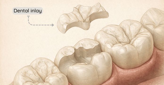 A dental inlay fits precisely inside the grooves of a molar tooth to restore the biting surface without covering the cusps.