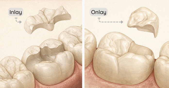 A dental illustration compares an inlay placed inside the tooth with an onlay that covers one or more chewing cusps of a molar.