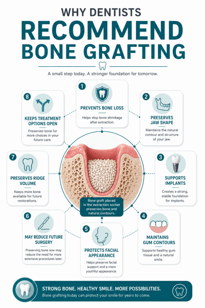 Infographic highlighting eight reasons dentists recommend bone grafting, including preserving bone, supporting implants, and maintaining facial structure.