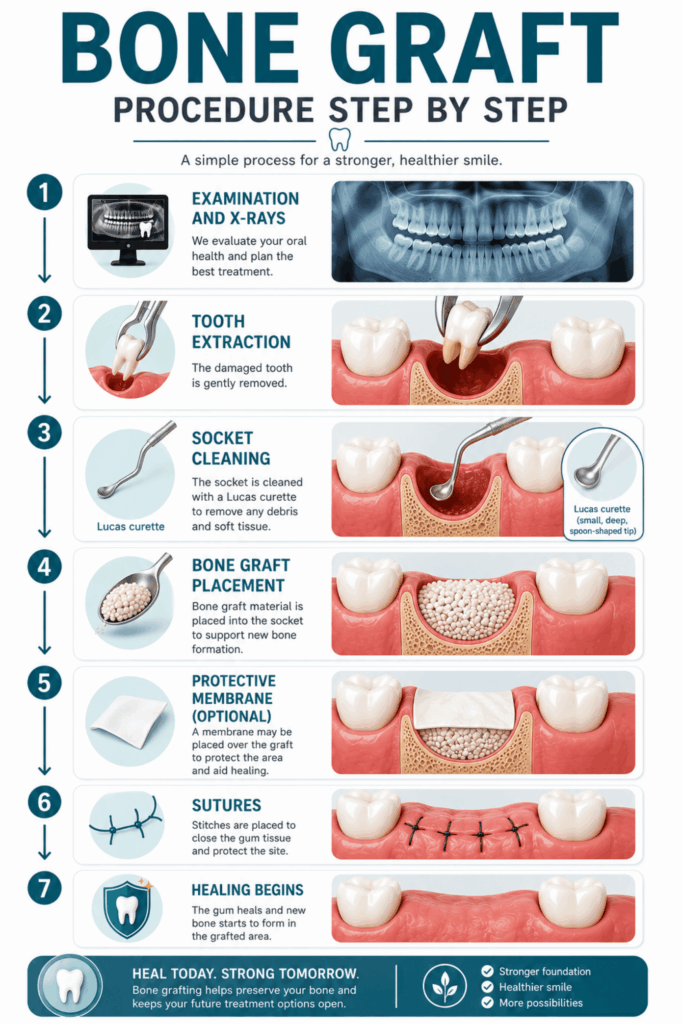 Step-by-step illustration showing examination, tooth extraction, socket cleaning, bone graft placement, sutures, and healing.