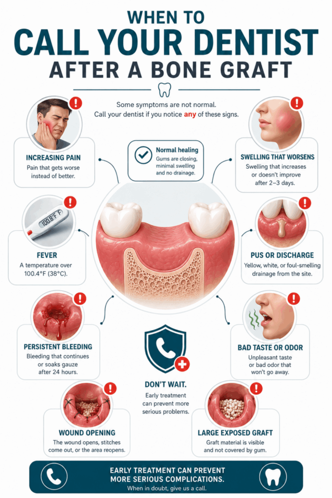 Warning-sign infographic showing symptoms after bone graft surgery that require contacting a dentist, including fever, worsening swelling, and persistent bleeding.