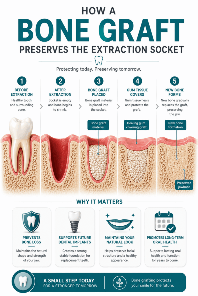 Step-by-step infographic showing how a bone graft after tooth extraction preserves the socket as new bone gradually forms.