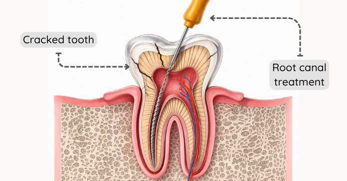 A dental illustration shows a tooth with a visible crack after root canal treatment while the cleaned root canal space extends through the tooth roots.