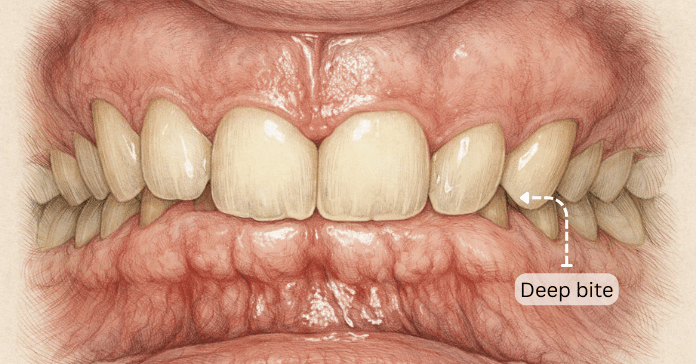 A detailed dental illustration shows a deep bite where the upper front teeth excessively overlap the lower front teeth during biting.
