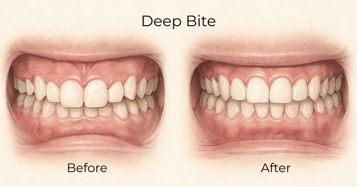A side-by-side dental illustration compares a deep bite before treatment and improved bite alignment after treatment.