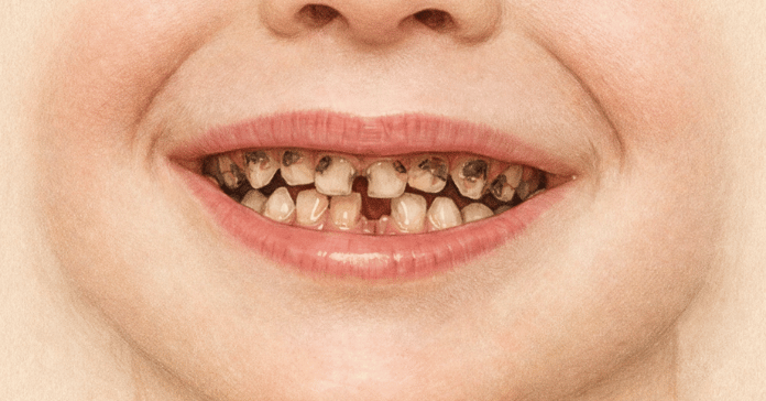 A young child smiles while showing multiple dark cavities and broken enamel on the upper primary teeth caused by early childhood caries.