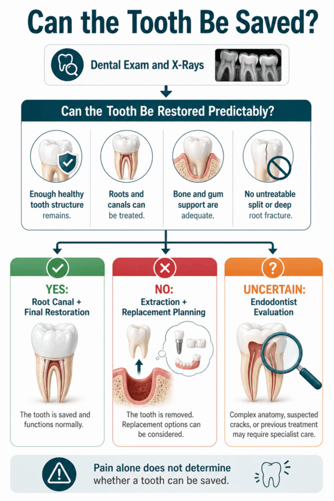 Decision tree using X-rays, tooth structure, treatable canals, bone support, and fractures to guide dental treatment.