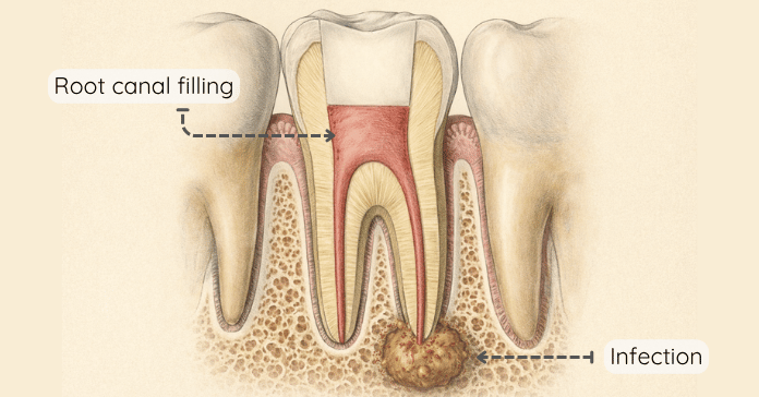 A dental illustration shows a tooth with a root canal filling and an infection forming around the tip of the root in the surrounding bone.