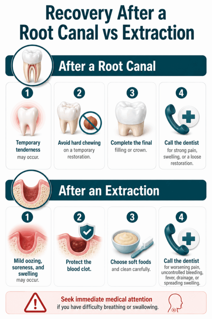 Recovery comparison showing crown care after a root canal and clot protection, soft foods, and warnings after extraction.