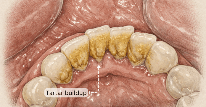 Thick yellow-brown tartar buildup covers the back surfaces of the lower front teeth near the gumline.