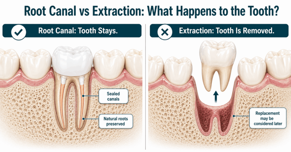 Root canal vs extraction comparison showing a crowned tooth with sealed canals beside a removed molar and empty socket.