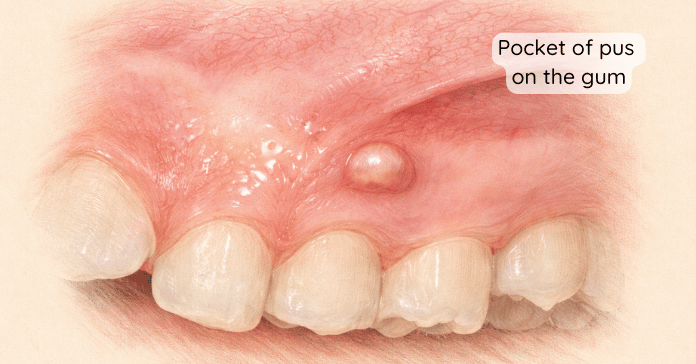 An illustration shows a swollen gum with a small pus-filled pocket forming above a tooth as a result of a dental infection.