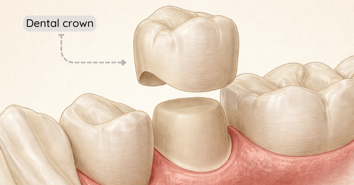 A dental crown sits above a prepared tooth and fully covers it to restore strength, shape, and chewing function.